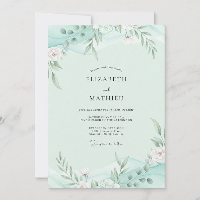 Invitation Feuillage Mousse de Mer Eucalyptus Gris Mariage (Devant)