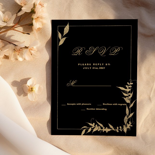 Invitation Feuillage noir et or de luxe RSVP (Luxury black and gold foliage RSVP )