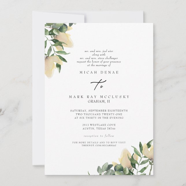 Invitation Feuillage & Pivoines Jaunes Site Web Parents Divor (Devant)