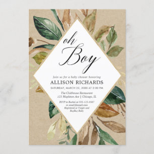 Invitation Feuillage rustique kraft vert garçon chute baby sh
