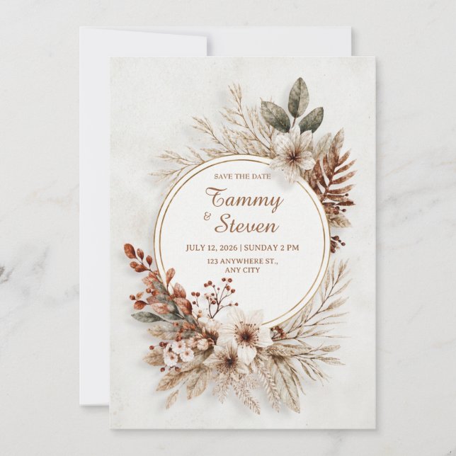 Invitation Feuillage Sec Tan Terreux Or Cercle Mariage (Devant)