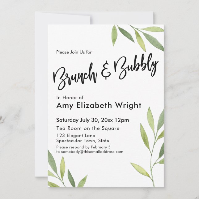 Invitation Feuillage vert Aquarelle Brunch & Bubbly (Devant)