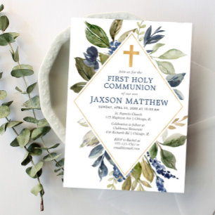 Invitation Feuillage vert bleu garçon première communion sain