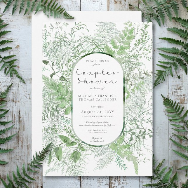 Invitation Feuillage vert de fougère rustique Couples blancs  (Rustic Fern Green Foliage White Couples Shower Invitation)