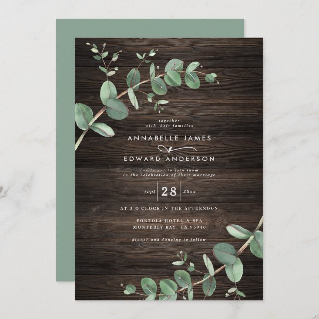 Invitation feuillage vert eucalyptus bois foncé rustique élég (Devant / Derrière)