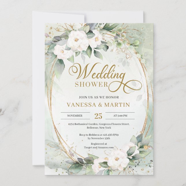 Invitation Feuillage vert eucalyptus roses blanches or ovale (Devant)