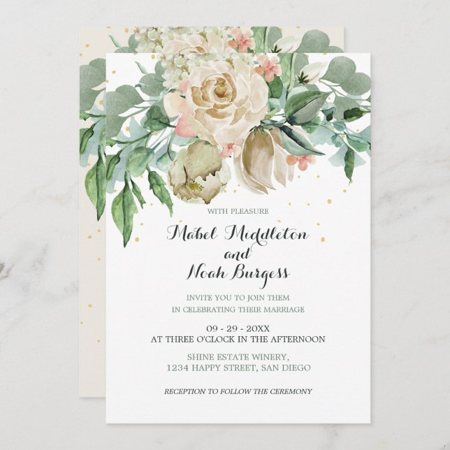 Invitation Feuillage vert floral Neutre Couleur Élégant Rose (Devant / Derrière)