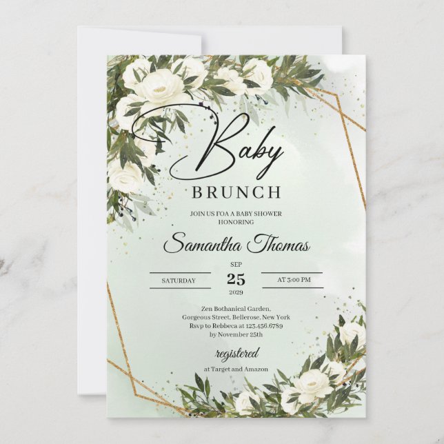 Invitation Feuillage vert roses blanches cadre or brunch (Devant)