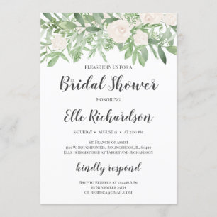 Invitation Feuillage vert roses blanches douche nuptiale