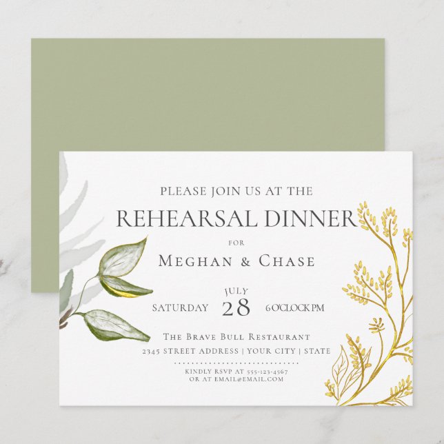 Invitation Feuillage vert sauge et or (Devant / Derrière)