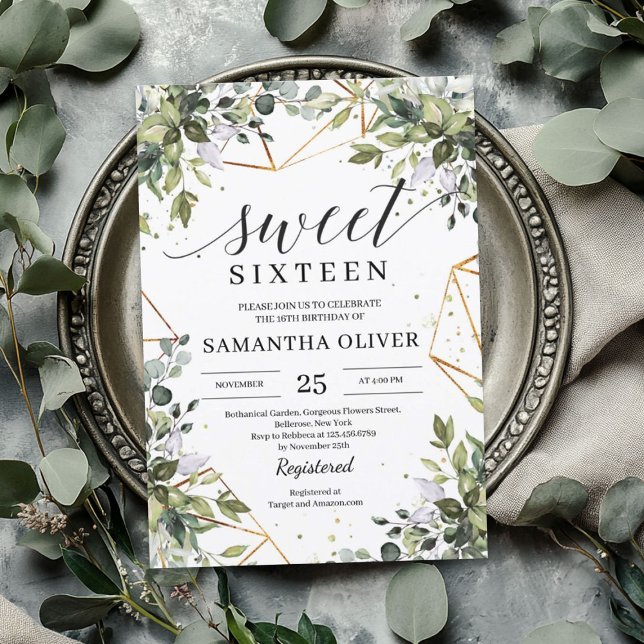 Invitation Feuillage vert sweet sixteen d'or eucalyptus (Greenery foliage eucalyptus gold sweet sixteen invitation)