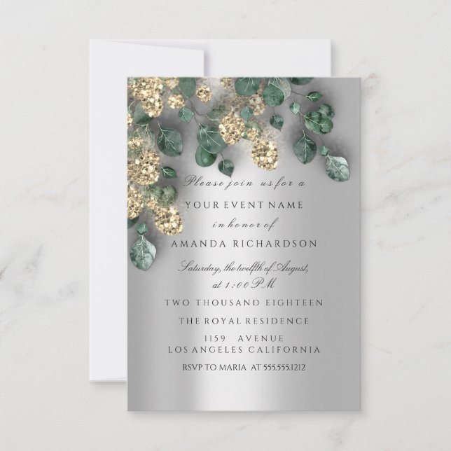 Invitation Feuillages d'eucalyptus argent paillettes or (Devant)