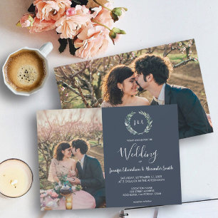 Invitation Feuille aquarelle monogramme photo marine bleu Mar