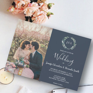 Invitation Feuille aquarelle monogramme photo marine bleu Mar