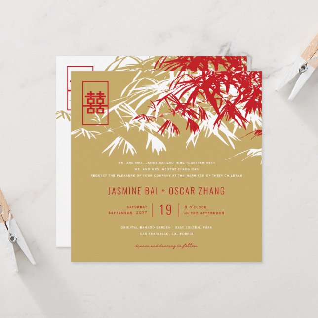 Invitation Feuille bambou double bonheur Mariage chinois (Devant/Arrière en situation)