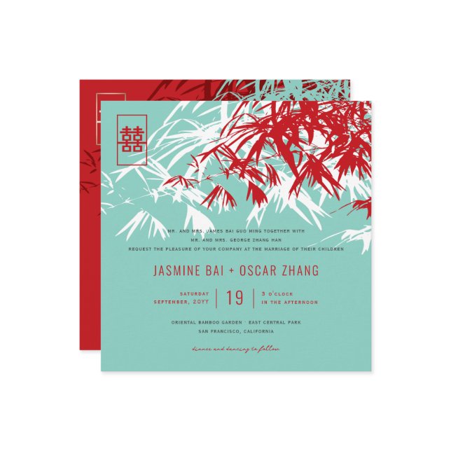 Invitation Feuille bambou double bonheur Mariage chinois (Devant/Arrière en situation)