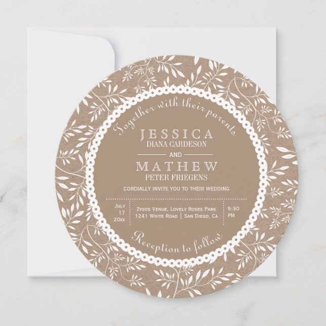 Invitation Feuille blanc motif kraft papier mariage rustique (Devant)