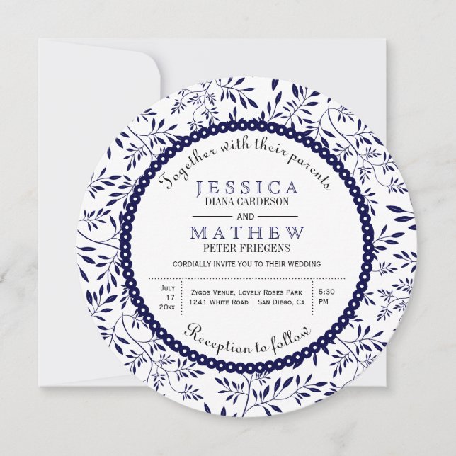 Invitation Feuille bleu marine motif moderne mariage floral (Devant)