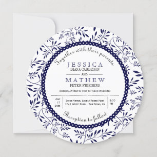 Invitation Feuille bleu marine motif moderne mariage floral