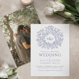 Invitation Feuille bleue couronne monogramme art mariage phot