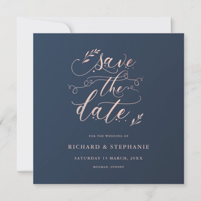 Invitation Feuille bleue marine et rose carré Save the Date (Devant)