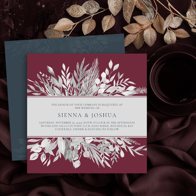Invitation Feuille botanique Bourgogne Grey Carré Mariage (Square wedding invitation in Burgundy and Grey from the Foliage Duet Collection by Darling & May)