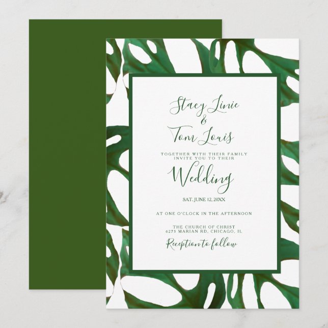 Invitation Feuille botanique Monstera verte et blanche pour m (Devant / Derrière)