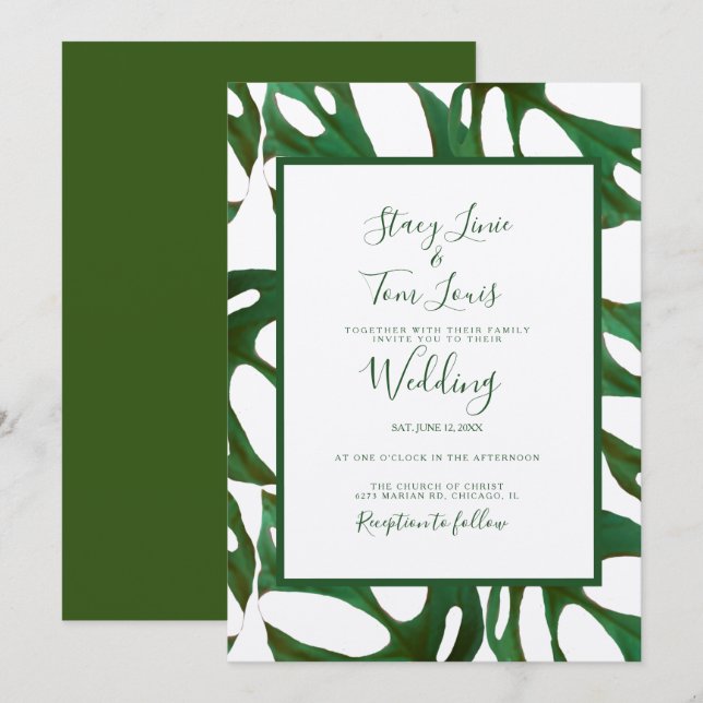 Invitation Feuille botanique Monstera verte Mariage Marron (Devant / Derrière)