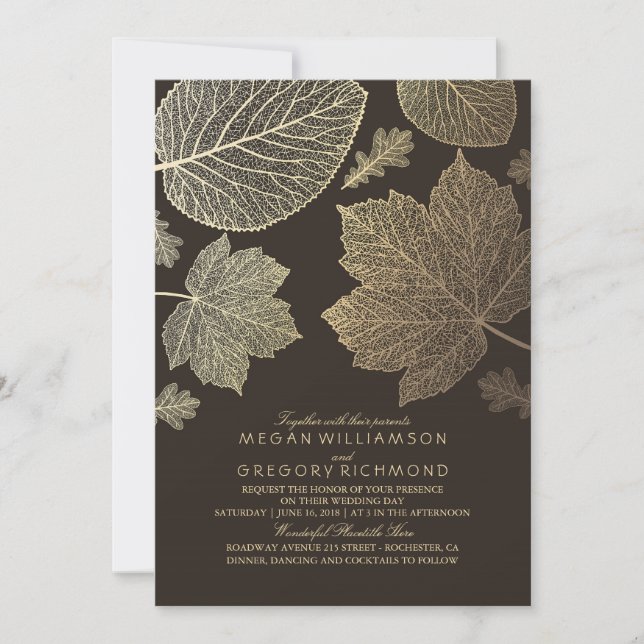 Invitation Feuille Brown or Mariage de automne Vintage (Devant)