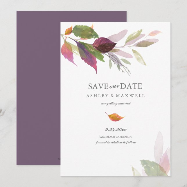 Invitation Feuille d'aquarelle Mariage d'automne Enregistrer  (Devant / Derrière)
