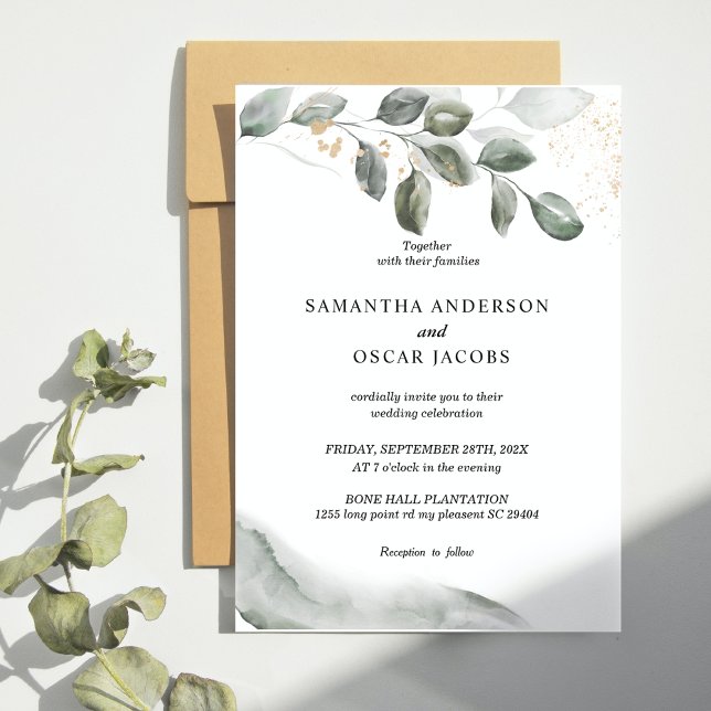 Invitation Feuille d'aquarelle verte douce | Poussière d'or (Créateur téléchargé)