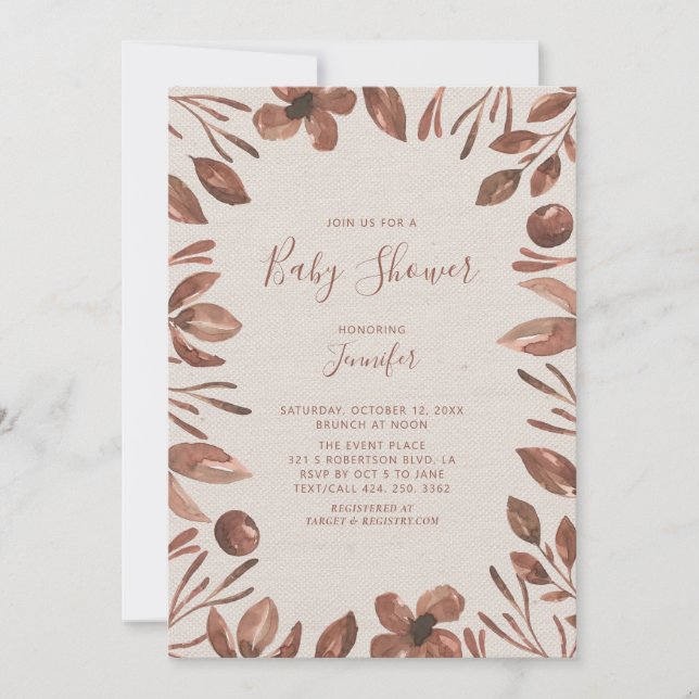Invitation Feuille d'automne | Fête de bébé aquarelle neutre (Devant)
