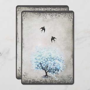 Invitation Feuille de coeur Bleu Arbre Vintage Oiseau Parchem