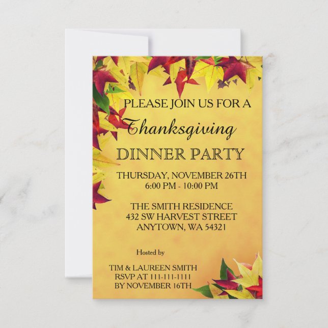 Invitation Feuille de dîner de thanksgiving d'automne (Devant)