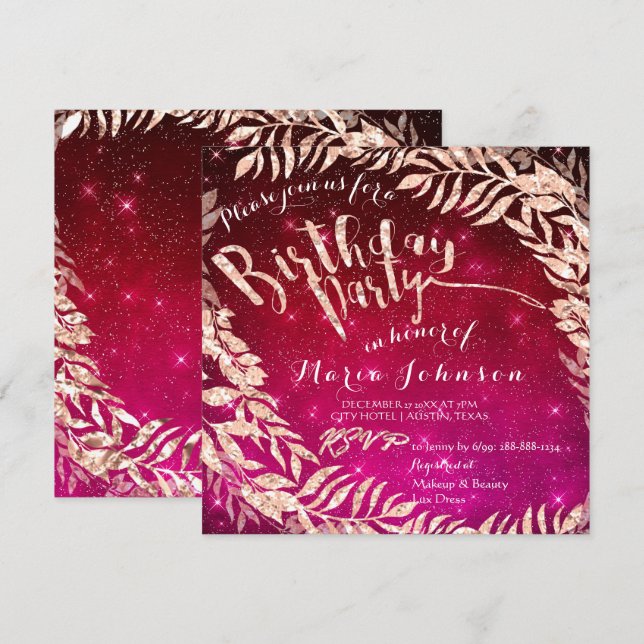 Invitation Feuille de fête d'anniversaire couronne rose rouge (Devant / Derrière)