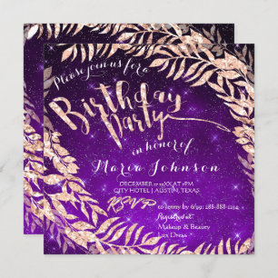 Invitation Feuille de fête d'anniversaire couronne violet éto