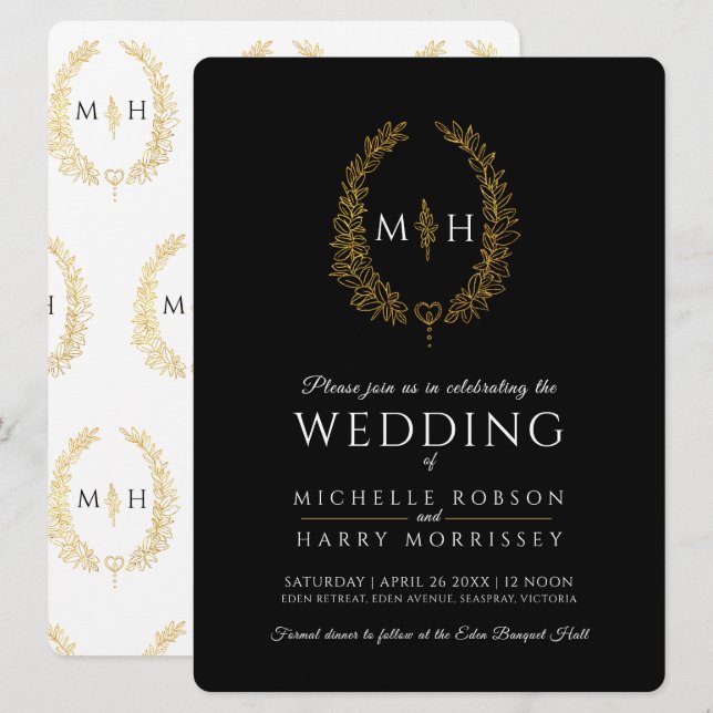 Invitation Feuille de ligne ovale mariage or noir et blanc (Devant / Derrière)