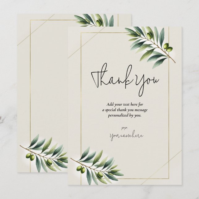 Invitation Feuille de Olive Verte Os Blanc Or Rustique Merci (Devant / Derrière)