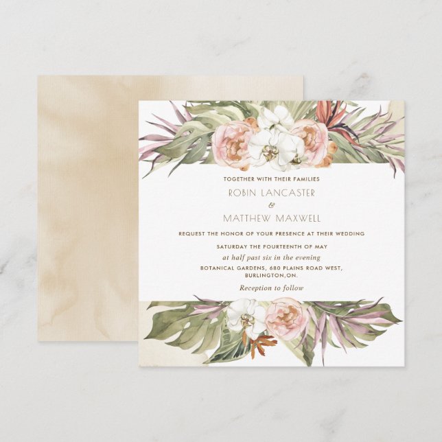 Invitation Feuille de palme florale tropicale, Mariage Carré  (Devant / Derrière)