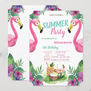 Invitation Feuille de palme, Fruits, Flamants roses roses fêt