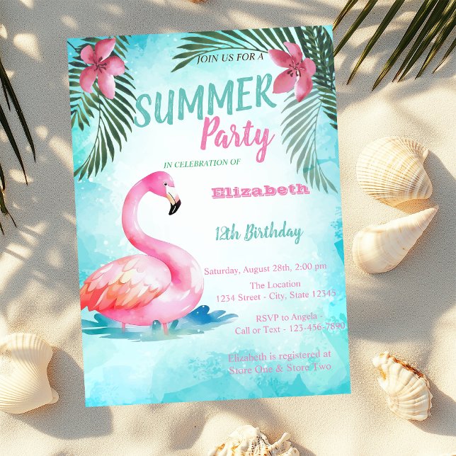 Invitation Feuille de palmier, Anniversaire de flamants roses (Créateur téléchargé)