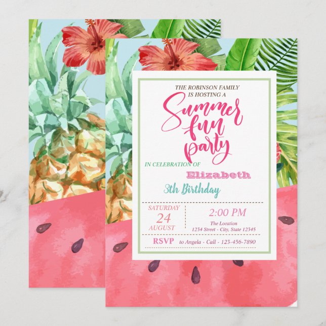 Invitation Feuille de palmier d'été d'anniversaire Ananas, Pa (Devant / Derrière)
