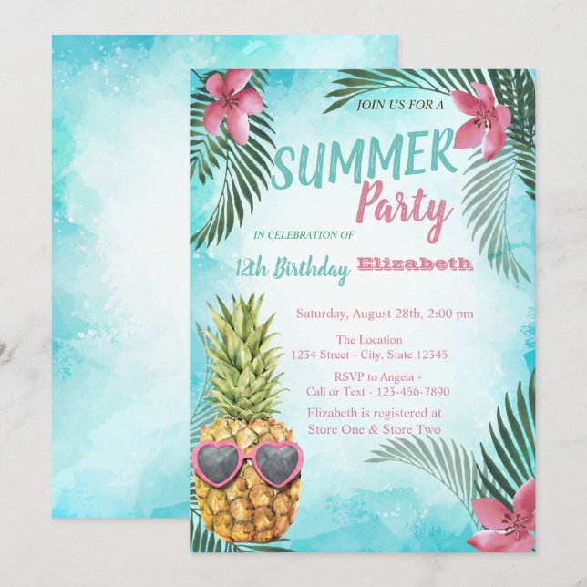 Invitation Feuille de palmier, fête d'anniversaire Cool Pinea (Devant / Derrière)