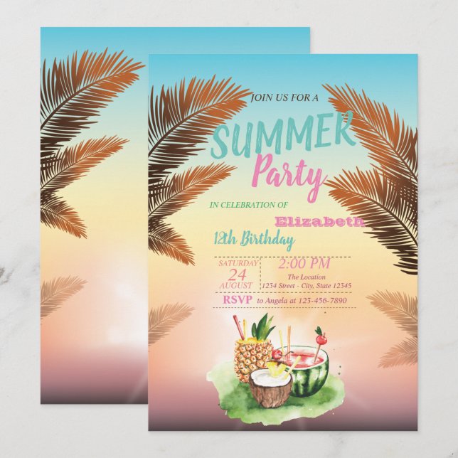 Invitation Feuille de palmier, Fête d'anniversaire Fruits Tro (Devant / Derrière)