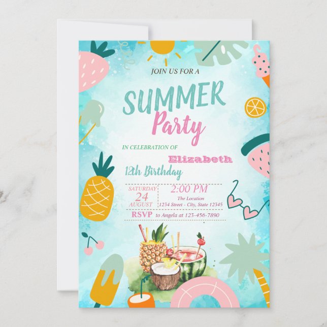 Invitation Feuille de palmier, Fête d'anniversaire Fruits Tro (Devant)