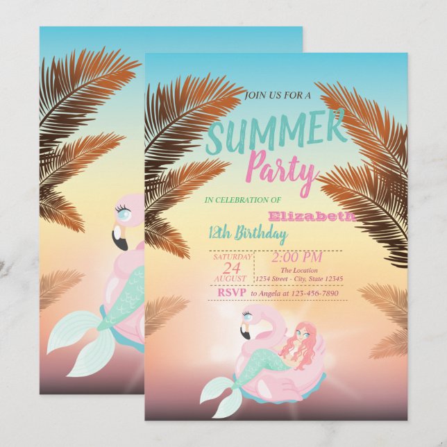 Invitation Feuille de palmier, fête d'anniversaire sirène (Devant / Derrière)