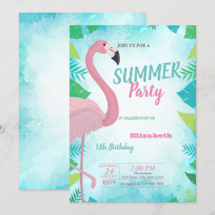 Invitation Feuille de Palmier, Flamant Rose, Fête d'anniversa