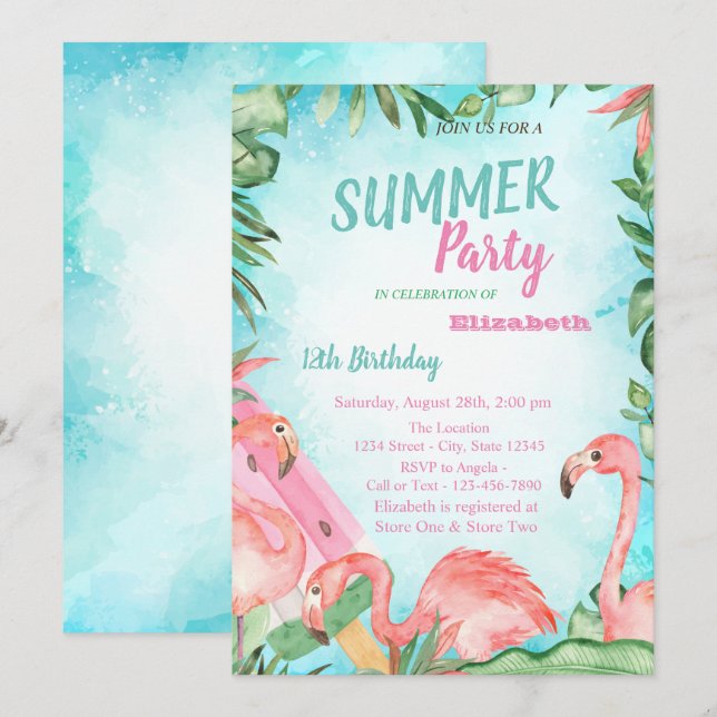 Invitation Feuille de palmier, Flamants roses, Fête d'anniver (Devant / Derrière)