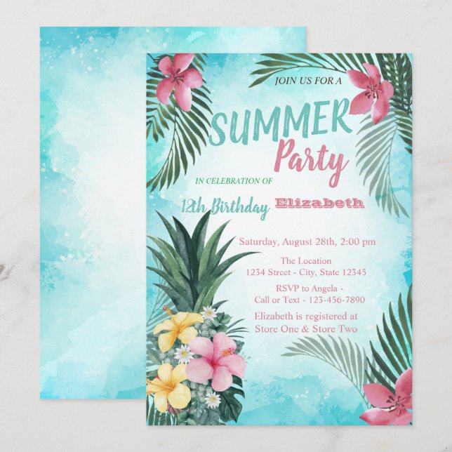 Invitation Feuille de palmier, fleurs Anniversaire Fête d'ana (Devant / Derrière)
