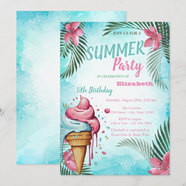 Invitation Feuille de palmier, Fleurs, Crème glacée qui coule (Devant / Derrière)